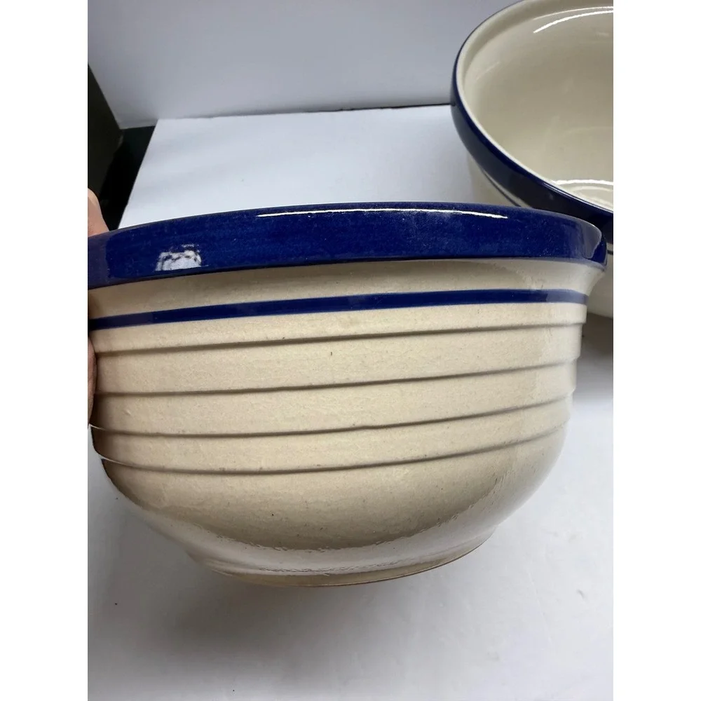 Vintage Robinson Ransbottom Blue Band Stoneware Mixing Bowls Set of 2 R7 R8